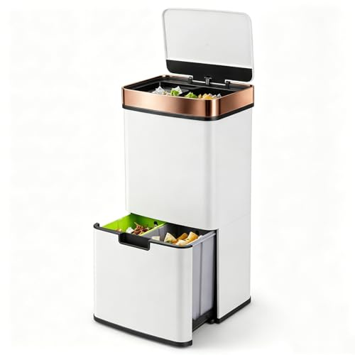 LIFEZEAL 72L Mülleimer 4 Fächer, Mülltrennsystem mit Deckel für Mülltrennung, Edelstahl Bin Treteimer mit Sensor, Abfalleimer Müllsammler Innenbereich für Küche, Büro (Weiß+Roségold)