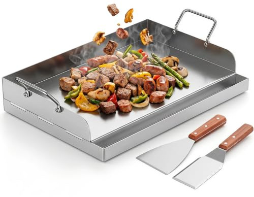 Plancha de acero inoxidable, 54 x 41 cm, placa gruesa de 2 mm, con juego de espátulas incluidas, plancha de gas para barbacoa de gas y barbacoa de carbón