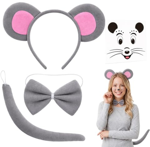 Maus Kostüm Damen 4-teilig Set mit Haarband, Fliege, Schwanz, Aufkleber | Maus Kostüm Damen, 4-teiliges Set mit Haarband, Fliege, Schwanz, Aufkleber, für Halloween Karneval, Tierkostüm Accessoires