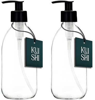 Kuishi 300ml Glass Soap Dispenser with Black Plastic Pump - Pack of 2 Refillable BPA-Free Hand Soap Dispenser for Kitchen & Bathroom, Clear