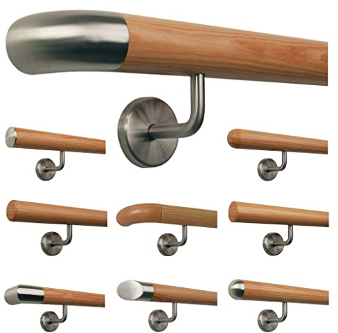 Lärche Holz Treppe Handlauf Geländer Griff gewinkelte Edelstahlhalter, Länge 30-500 cm aus einem Stück/Variante:150 cm mit 3 Halter - Enden:Edelstahlbogen