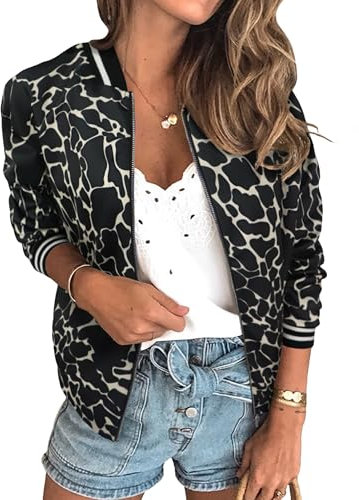 ECOWISH Veste bomber décontractée à fermeture éclair pour femme, col rond, léger, court, coupe-vent avec poche, motif floral/camouflage, Large