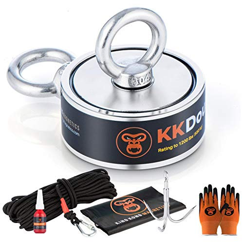 King Kong Magnetics Super Strong 1200 Lb Double Magnet Fishing Kit with Safety Gloves, 8mm Rope, Grappling Hook, Waterproof Bag, Thread Locker, Carabiners - Silver Round Neodymium Magnet