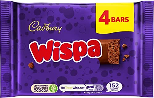 Cadbury Wispa Chocolate Bar, Smooth Milk Chocolate, 4 x 27.9 g (Pack of 1) | Shareable Treat, Iconic Bubbly Texture, For Snacking & Sharing