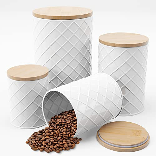 Pebble & Stem White Metal Canister Set for the Kitchen Counter, Kitchen Canister Set of 4, Airtight Lids, Sugar and Flour Containers for Countertops, Coffee and Tea Storage, Farmhouse Decor