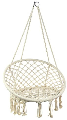 Ondis24 Hanging Chair Hängestuhl Hippie weiß für Garten, Balkon, Terrasse, Wohnung, mit Fransen