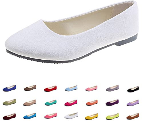 Hwalleum Women's Ballet Flats, Womens Simple Casual Flat Shoes Solid Color Pumps Ladies Girls Dolly Ballet Ballerina Work Smart Office Formal Comfort Pointed Toe Slip On Flats Shoes White