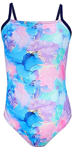 Aquarti Mädchen Badeanzug mit Spaghettiträgern Streifen – Sport Badeanzug Mädchen, Chlorresistent, Farbe: Tie Dye/Dunkelblau/Blau/Lila/Rosa, Kinder Größe: 140