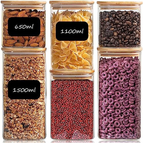 alouweekuky Vorratsdosen Glas 6er Set, 1500ml/1100ml/650ml Vorratsgläser mit Deckel Eckig, Glasbehälter Holzdeckel Luftdicht, Aufbewahrungsgläser Küche für Müsli, Bohnen, Cornflakes (6 Pack)