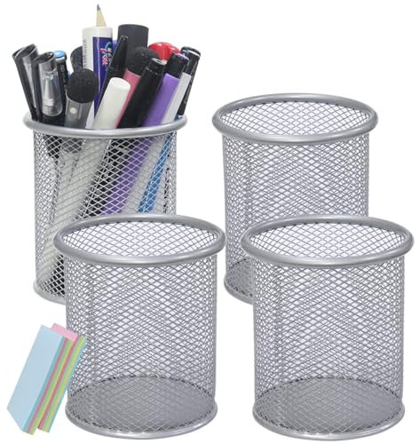 DARUITE Pen Pot, 4PCS Round Metal Mesh Pen Holder for Desk, Multifunctional Pencil Pot, Desk Tidy Organiser for Office Home School, Silver