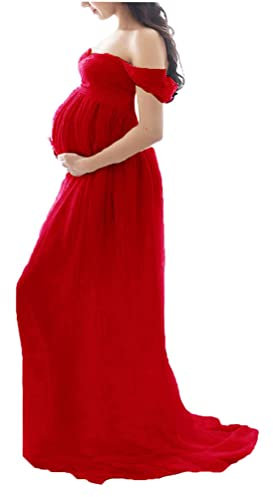 Tomwell Robe Grossesse Femme Jupe Longue en Mousseline de Soie Maternité Photographie Robe Couleur Unie Élégant Shooting Photo Maxi Robes A Rouge L