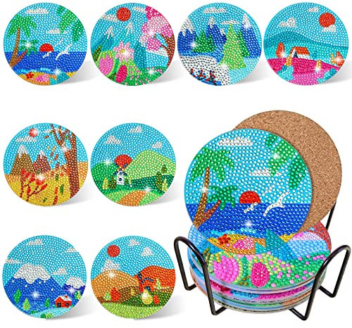 Lot de 8 dessous de verre de peinture diamant avec support, peinture diamant pour adultes, tableaux de peinture diamant, dessous de verre en liège pour le bricolage, sous-verres DIY 5D pour enfants