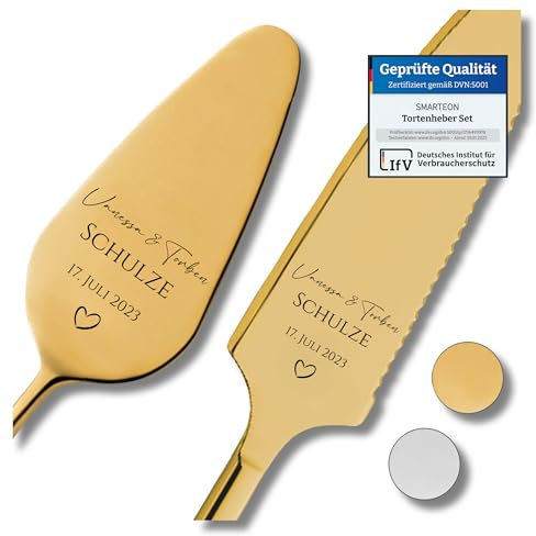 SMARTEON Let's Eat Cake Cake-Server Set mit Tortenmesser und Personalisierter Gravur – Hochzeitsgeschenke für Brautpaar, Geburtstag, Jubiläum, Geschenkidee für Paare – Goldfarbenes Set in Geschenkbox
