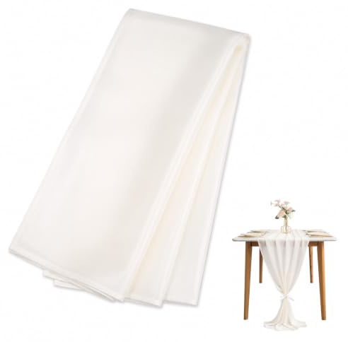 Eowppue Chiffon Tischläufer 70 cm x 300 cm, Hochzeit Tischdeko, abwaschbar transparent Tischdecke für Party & Kommunion (Cremeweiß)