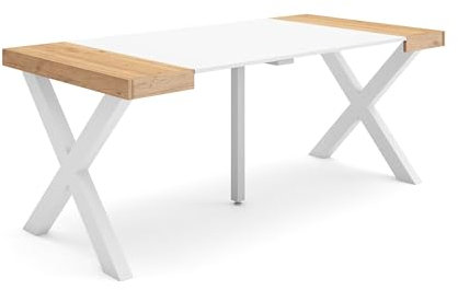 Skraut Home | Table Console Extensible | Console Meuble | 180 | pour 8 Personnes | Pieds Bois Massif | Style Moderne | Chêne et Blanc