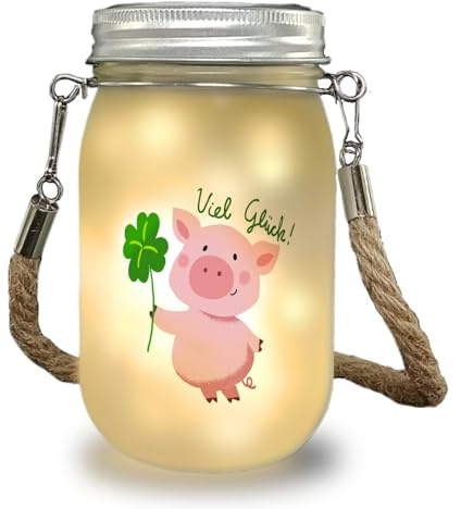 speecheese Glücksschwein Solarlicht mit Spruch Viel Glück ein dekoratives Licht als Glücksbringer Schwein Glück bringendes Kleeblatt Dekolicht Dekolampe Glückschwein Silvester