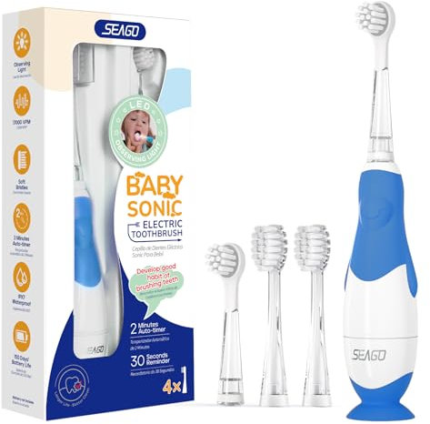Seago Elektrische Zahnbürste Kinder Baby Zahnbürste ab 0 1 2 3 Jahr, mit LED Licht, Runder Weich Ersatzbürsten, Elektrische Zahnbürste Baby,2 Minuten Smart Timer, Wasserdicht IPX7,SG513(Dunkel Blau)