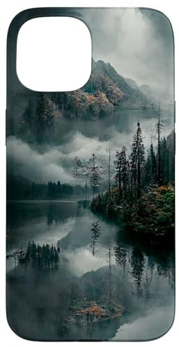 CJ Merch iPhone 15 Case - Polycarbonate & TPU Schutzhülle - Robuster Schutz - Landschaft mit Bergen, Waldsee und Nebel
