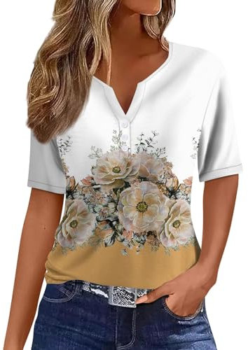 RMBLYfeiye Blusenkleid Damen Schwarzes Tshirt Hemdbluse Blumenmuster Kurzarm T Shirt V-Ausschnitt Henley Mit Knopfleiste Casual Trainingsshirt Sommer Oberteile Combat