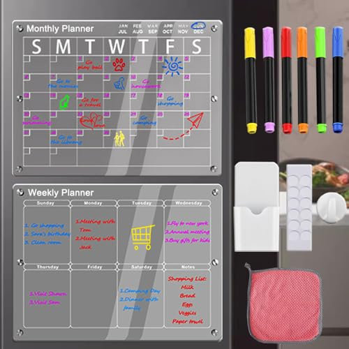 2 Stück Acryl Magnetische Kalender für Kühlschrank, (40x30cm) Klar Acrylic Wochenplaner Magnetisch Abwischbar Monatsplaner Menütafel Planungstafeln, mit 6 Farbigen Markern
