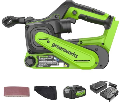 Greenworks Ponceuse à bande sans fil 24 V 457 x 75 mm. Kit de ponceuse à bande avec sac à poussière et bande abrasive P60, avec batterie 4 Ah et chargeur