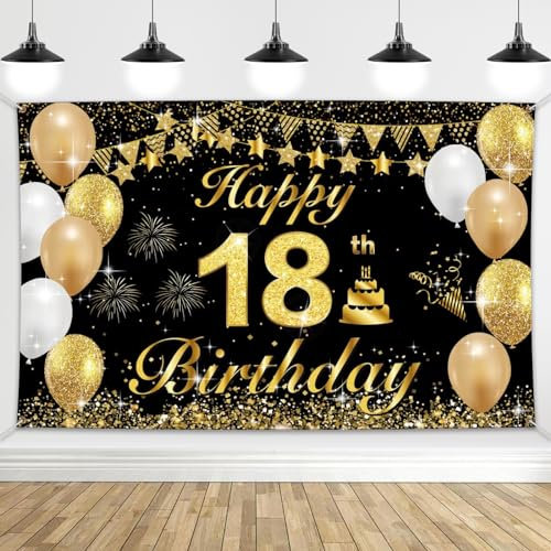 jijAcraft 18.Geburtstag Banner Schwarz Gold, 18. Geburtstag Party Dekoration,18 Geburtstag Hintergrund Banner Deko, Happy Birthday Banner Poster für Jungen Mädchen (185cm×115cm)