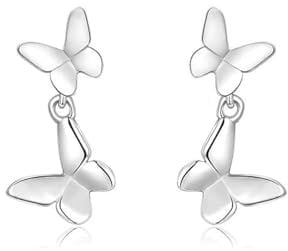 SLUYNZ Solid 925 Sterling Silver Tiny Butterfly Studs Earrings for Women Double Butterfly Studs Earrings (A-Silver)