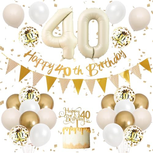 40th Birthday Decorations Sand White Gold, Balloons Beige Gold, Happy Birthday Banner With Cake Toppers Number 40 for Women Men Party