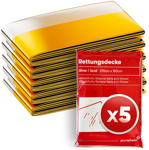 PURAHELP® Rettungsdecke Gold & Silber [5 STÜCK] - 210 x 160 cm - Notfalldecken für Erste Hilfe, Outdoor & Auto - Wetterfeste Überlebensdecken für Wandern, Camping & Notfälle - Kompakte Thermodecken
