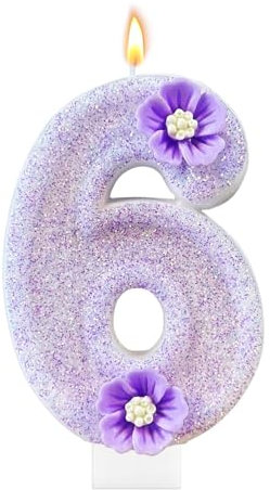 Scentoria Geburtstagskerzen Zahlen, 6. Kerzen mit Blumen für Kinder, Jungen Mädchen, Lila Geburtstagsdeko, Party, Jubiläum