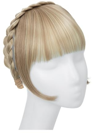 SLMSMSH Pony Synthetische Stirnband-Pony-Verlängerung, Kunsthaar, Stumpfe Fransen mit Langen Seiten for Frauen, natürlicher falscher schwarz-braun-Blonder Pony Pony Haarspange(16H613)