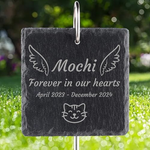 Jodimitty Grabstein Hund Katze Haustier mit Haken Pfahl, personalisierte Name & Lebensspanne & Nachricht & Muster, Grabschmuck Wetterfest Grabplatte mit Gravur, Gedenkstein Tombstone (Quadratisch)