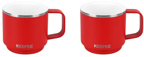 Espressotassen aus Edelstahl mit Griff 120ml, Keramik innen, Doppelwandig Isoliert Demitasse-Tassen, 2er-Set, Rot