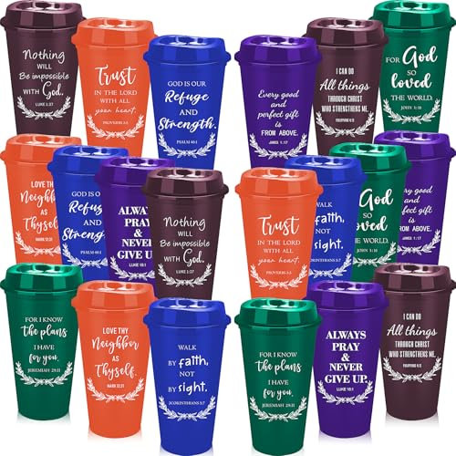 Kaxtde 40 Pack Plastic Christian Coffee Cups Gifts Bulk, 470 ml Reusable Religious Mugs with Lids for Hot & Cold Drinks, Bible Verse Travel Cups for Women Men Christmas Party Favors (Multicolors)
