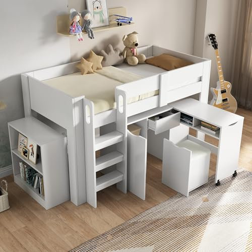 Kinderhochbett, multifunktionales Kinderbett, mit Leiter, mit Teleskopschreibtisch, mit herausnehmbarem Schrank, mit Schublade,Mit Stuhl inklusive PU-Kissen, mit regal,ohne Matratze, MDF, weiß 90*200