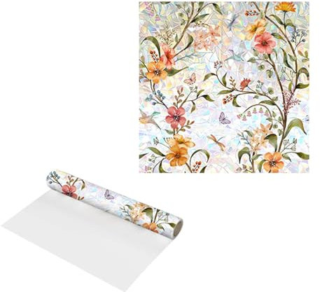 Fensterfolie Selbsthaftend, Blickdichte Regenbogen-Dekofolie mit Blumen, Statische Sichtschutzfolie ohne Kleber, UV-beständig für Fenster in Wohnzimmer, Büro & Küche (40 x 100 cm)