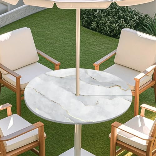 Odot Elastische Tischdecke Runde Outdoor mit Loch und Reißverschluss, Wasserdicht Abwaschbar Tischtuch Tischdecke Outdoor Wetterfest Gartentischdecke für Sonnenschirm, Marmor (Grau,S:79-89cm)