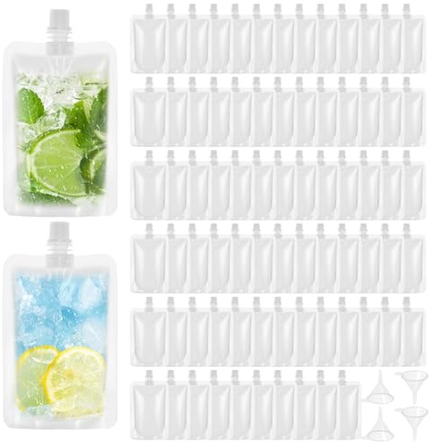 Akamino 100 Pcs 100ml Drink Pouches for Festivals, Refillable Plastic Drinks Flasks with 4 Funnels, Leak Proof Clear Alcohol Juice Liquid Pouches Bag Drink Container For Cold Hot Liquid,Parties Travel