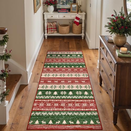 PureCozy Weihnachtsteppich Läufer, 60 x 180 cm Waschbar Rutschfest Rot-grün Teppiche Weihnachtsdeko Innen für Wohnzimmer Schlafzimmer Küche Kinderzimmer Eingangsbereich Weihnachtsbaum, Kurzflor Carpet