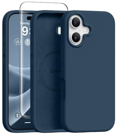GONEZ Magnetic for iPhone 17 Case, Silicone Cover Dark Blue | Compatible with MagSafe, Camera Button & Screen Protector, Microfiber Lining, 3 Layers Soft Gel Rubber Shockproof Slim 6.3
