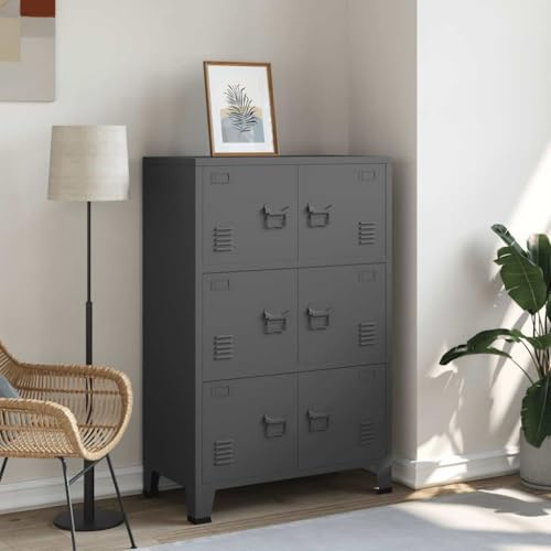 Teenpull Armadio portaoggetti industriale antracite 75 x 40 x 115 cm, armadio in metallo con 6 ante, porta badge, 2 ripiani, portata totale 75 kg, ideale per ufficio, garage, sala giochi, casa