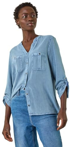 Roman Buttoned Pocket Shirt for Women UK - Ladies Autumn Everyday Winter Holiday V-Neckline Comfy 3/4 Sleeve Soft Flat Collar Blouse Office Desk Tops - Blue - Size 16