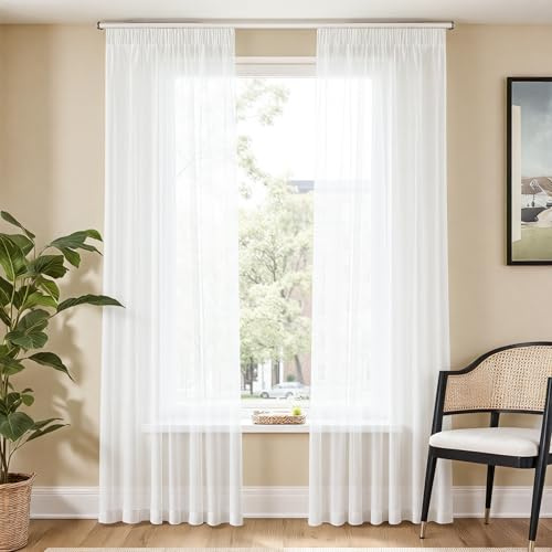 TOPICK White Net Curtains, Pencil Pleat Voile Sheer 2 Panels, W55 xL90 | Semi Transparent Lightweight Soft Long Curtains for Living Room, Nursery, Bedroom