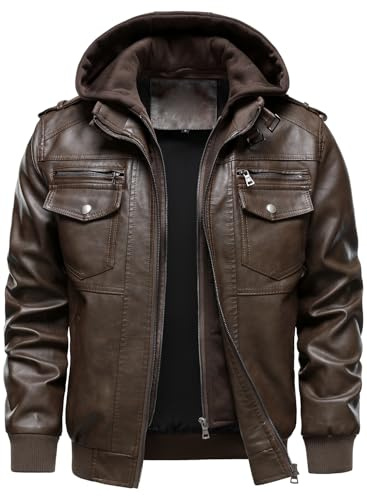 HOOD CREW Men's Faux Leather Hooded Jacket, Wind-Resistant PU Motorcycle Jackets