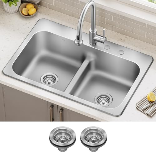 KRAUS Premier 33-inch Drop In/Top Mount 50/50 Double Bowl with Low Divide 18-Gauge Stainless Steel Kitchen Sink with Strainers (x2), KTM102-33