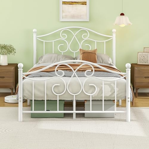 Diahomy 4ft6 Double Bed Frame with Headboard and Footboard Metal Bed Frame Double Mattress Foundation No Box Spring Needed/Easy Assembly/Bedstead Base/White