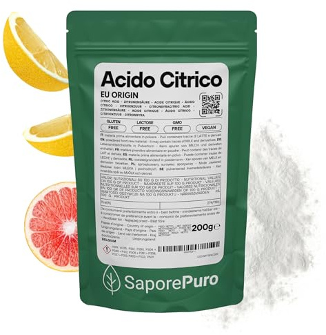 SaporePuro – Acide Citrique Monohydraté 200 g | Régulateur de pH et Acidifiant Alimentaire | Sans Gluten | Pur et Soluble | Idéal pour Confitures et Boissons