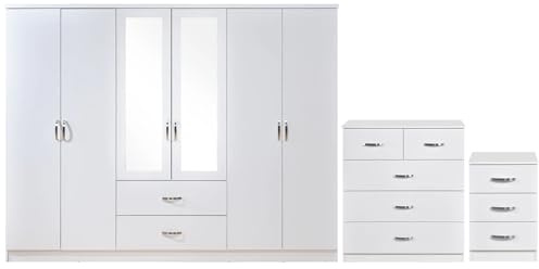 Swish Furniture Paddington 3 Piece Bedroom Furniture Set Chrome Handles | 6 Door Large White Wardrobe, 5 Drawer Chest of Drawers, 3 Drawer Bedside Table Storage Drawers, Heavy Duty Clothes Storage