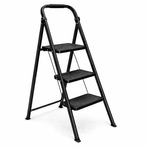 Escabeau 3 Marches Pliable - Marche Pied Antidérapant et Stable avec Poignée en Acier Robuste - Échelle de Bricolage Compacte pour Maison et Jardin - Charge 150 Kg (3 Marches)