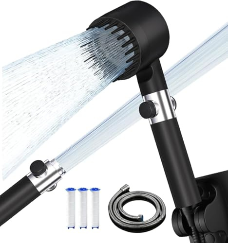 Pommeau de Douche Haute Pression, Pommeau douche Anti Calcaire avec Filtre Economie Deau, 3+1 Types de Jets ,Douche Salle de Bain avec Bouton D'arrêt D'eau,avec Tuyau1.5M et Support,Noir
